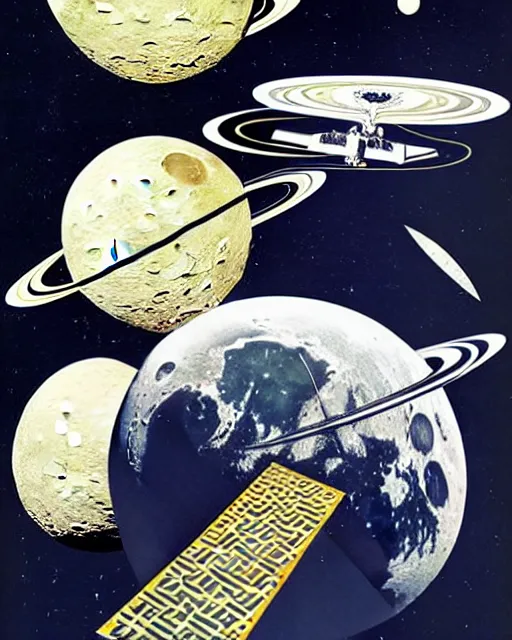 Image similar to A collage, made of random shapes cut from fashion magazines, of Space Travel, landing on the moon, mid-century modern.