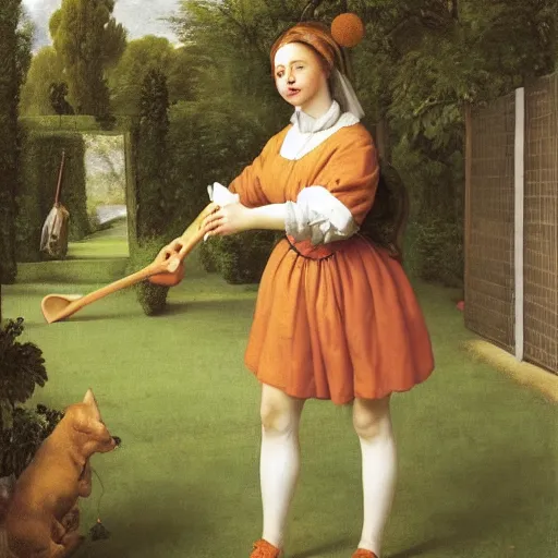 Image similar to doja cat playing croquet in the garden, happy expression, smiling, beautiful symmetrical face, holding a croquet mallet, rule of thirds, golden ratio, oil on canvas, highly detailed, warm color scheme, soft lighting, sharp focus, adelaide labille - guiard, artemisia gentileschi
