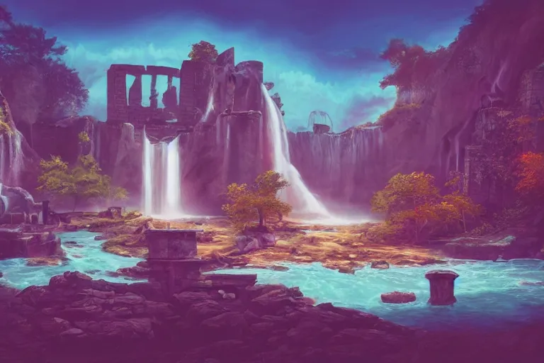 Image similar to ancient ruins and waterfalls, retrowave epic art, trending on art station