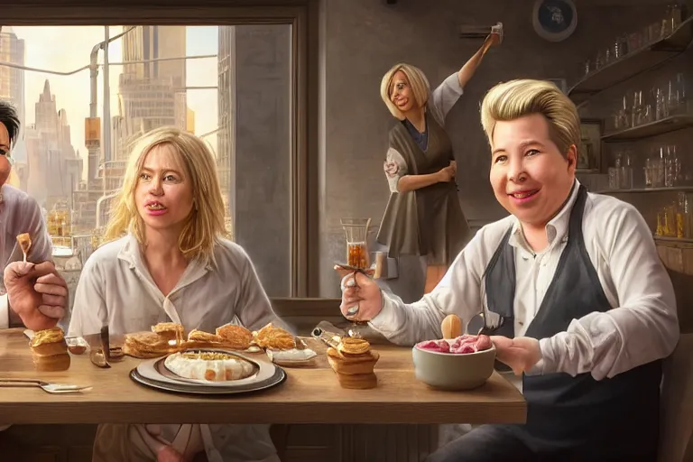 Prompt: portait of michael mcintyre and middle aged blonde woman with short hair and a blonde woman with long hair having dessert at sunday in brooklyn restaurant, anatomy, bathed in light, highly detailed, photorealistic, artstation, smooth, sharp focus, illustration, unreal engine 5, 8 k, art by artgerm and greg rutkowski and edgar maxence