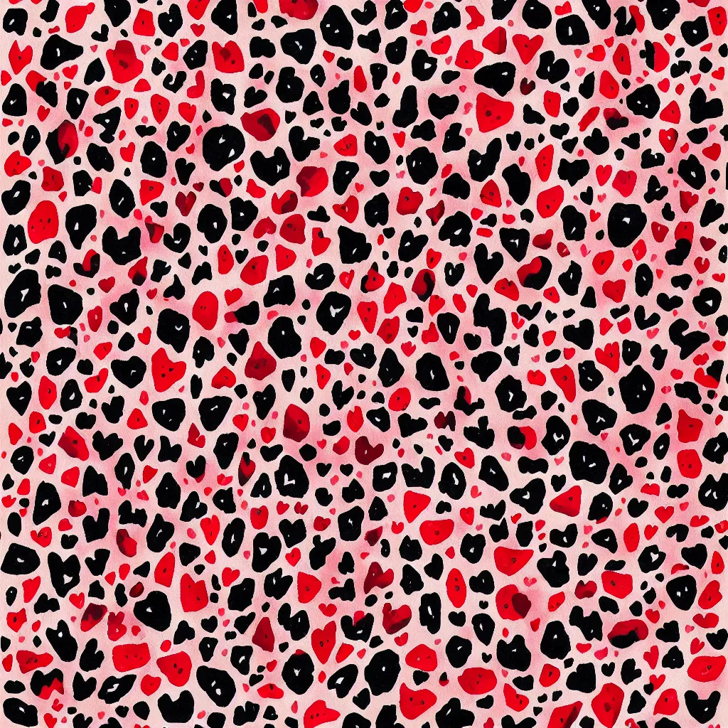 Image similar to camo made of strawberries, smiling, abstract, rei kawakubo artwork, cryptic, dots, stipple, lines, splotch, color tearing, pitch bending, color splotches, hearts, dark, ominous, eerie, minimal, points, technical, old painting