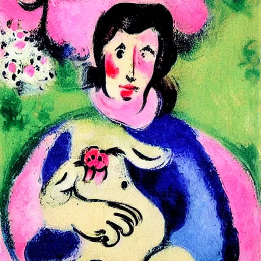 Prompt: a painting of a young women holding a lamb with a pink bow, painted by marc chagall