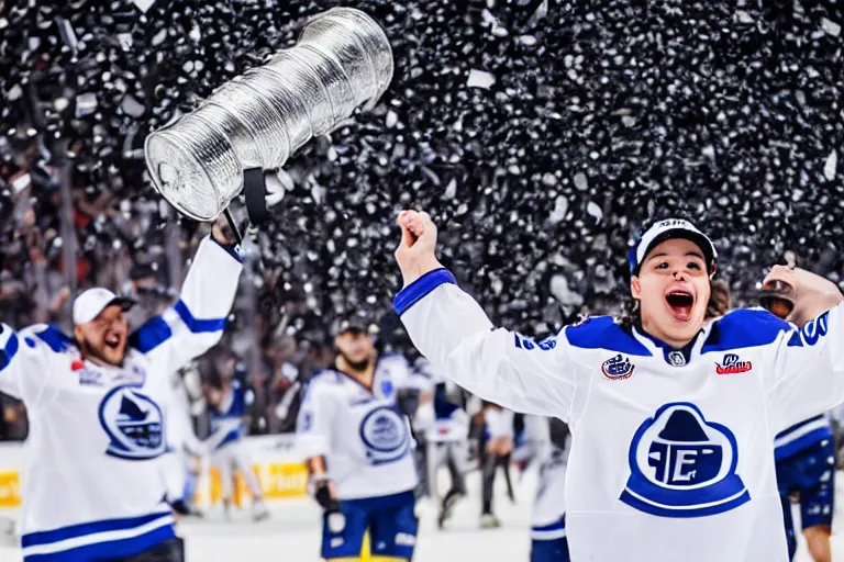 Prompt: Auston Matthews raising the Stanley Cup as a tsunami approaches in the background, photo, 4K