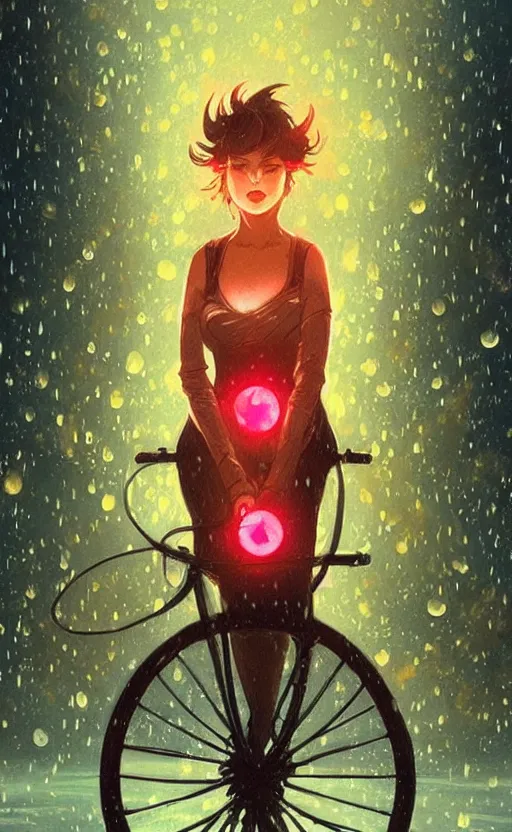 Image similar to a beautiful illustration of a woman riding a bicycle in a rainy night, fiery particles!!!, anime aesthetic, midnight theme, depth of field, bokeh, composition study, featured on artstation, by art by artgerm and greg rutkowski and alphonse mucha, vertical orientation