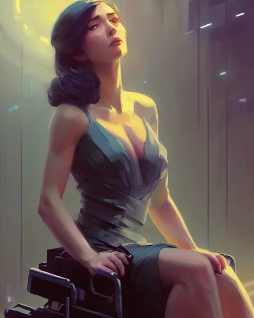 Prompt: masterpiece concept art, a beautiful highly detailed sci - fi lady on wheelchair, artist of 2 2 nd century, cinematic moody colors, realistic shaded lighting poster by ilya kuvshinov, magali villeneuve, artgerm, jeremy lipkin and michael garmash and rob rey,