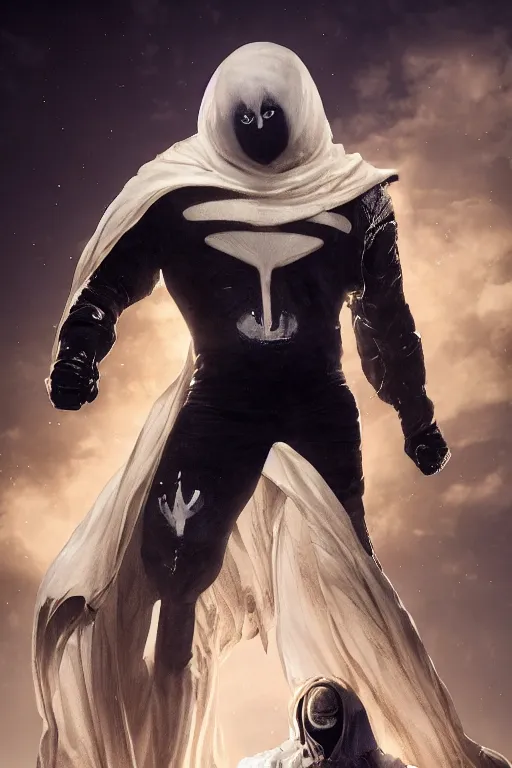 Image similar to hyperrealistic photography of Moon Knight mixed with Ghostrider style of patricia piccinini and Ivailo Ivanov and Gal Yosef, full-shot, merged character, 4k, highly detailed, cinematic lighting, photorealistic, 3d render, award winning render, unreal engine, masterpiece, octane render, sharp focus, studio lighting, 8k, hd