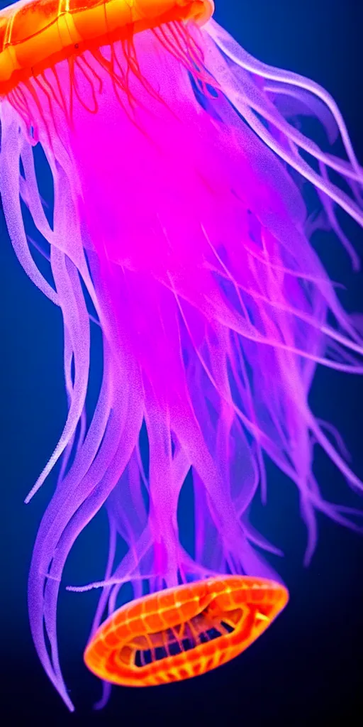 Prompt: a deep sea translucent bioluminescent jellyfish, purple and orange, hyperrealistic, extremely detailed, award winning underwater photograph