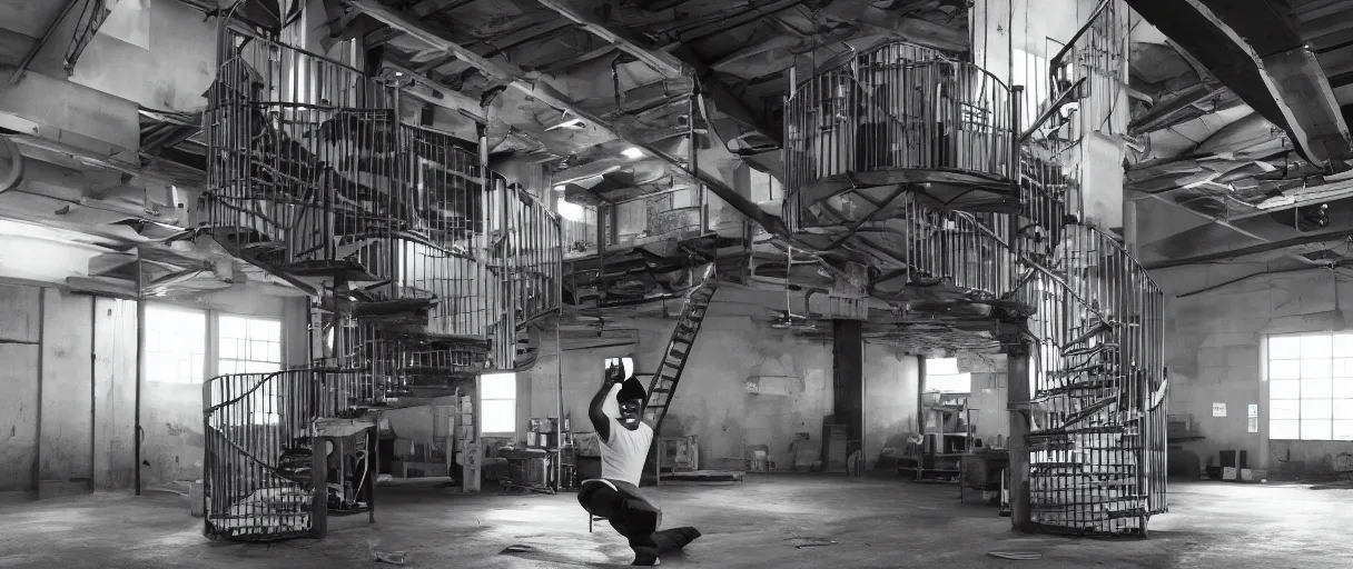 Image similar to frank ocean building a spiral staircase in the centre of the room, inside of a warehouse, greyscale,