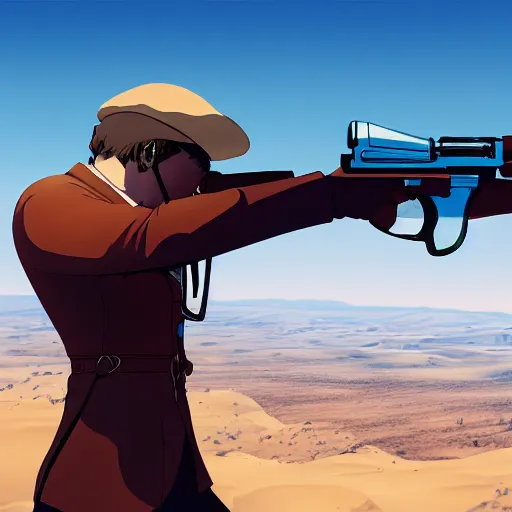 Image similar to gunslinger overlooking the desert, Art Deco, cel-shading, unity, 8k, 4k, pixiv