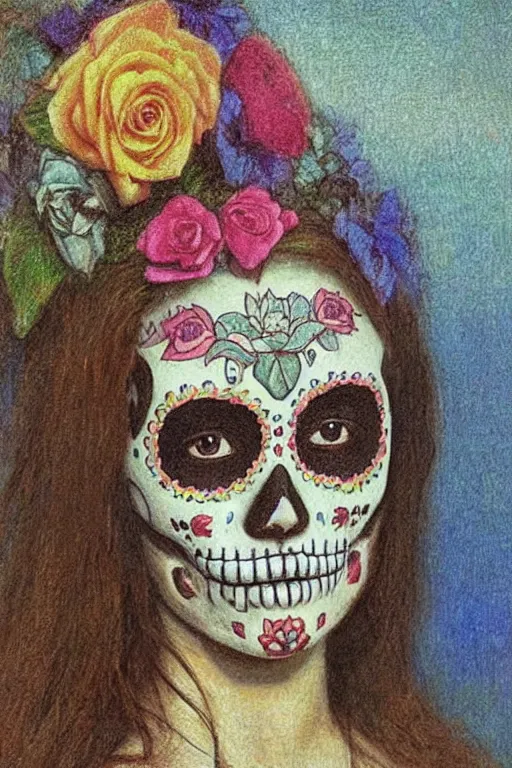 Image similar to Illustration of a sugar skull day of the dead girl, art by L Birge Harrison