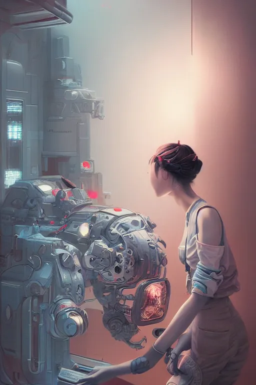 Image similar to hyperrealistic photography of a machine entering a female host in the style of Jin Kagetsu, James Jean and wlop, highly detailed, sharp focus, intricate concept art, digital painting, ambient lighting, 4k, artstation