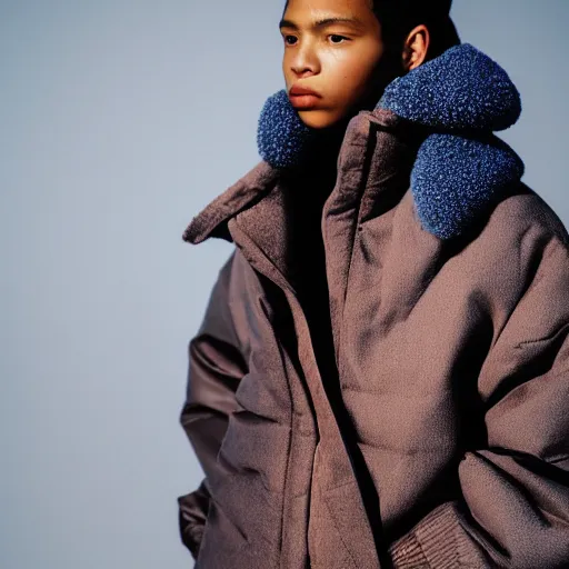 Image similar to realistic photoshooting for a new acne studio lookbook, color film photography, close up, model is wearing a puffer jacket, photo of a woman, photo in style of tyler mitchell, 3 5 mm, vetements, balenciaga, commes des garcon