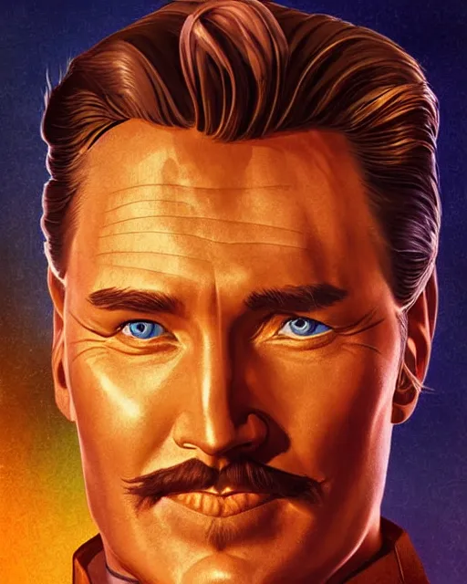 Image similar to Errol Flynn as a scientist. 1980s dystopian Soviet Russia, propaganda screens. Unreal engine, fantasy art by Loish. Faithfully depicted facial expression, perfect anatomy global illumination, radiant light, detailed and intricate environment