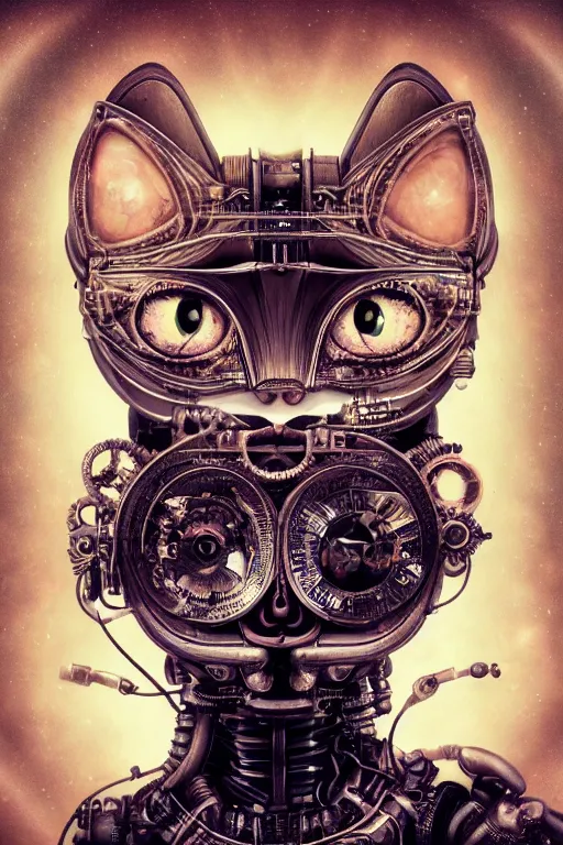 Image similar to a beautiful intricate fine art portrait photo of a a mechanical industrial steampunk cybernetic cute cat with large eyes against galactic space, soft backlight, by tom bagshaw and zach sutton, perfection!, milk bath photography, studio lighting, 5 0 mm lens, very detailed, bionic, cybernetic scifi, deep depth of field, artstation, 8 k, highly coherent