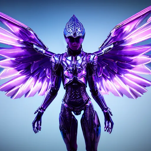 Image similar to a photo of 8k ultra realistic archangel with 6 wings, full body, intricate purple and blue neon armor, ornate, cinematic lighting, trending on artstation, 4k, hyperrealistic, focused, high details, unreal engine 5, cinematic