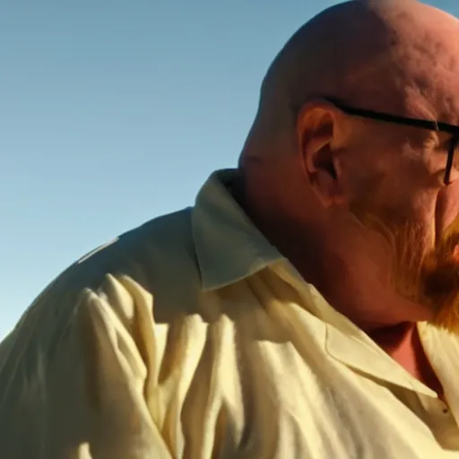Prompt: cinematic shot of walter white kissing a fat ugly old man, very intricate, very detailed, depth of field,
