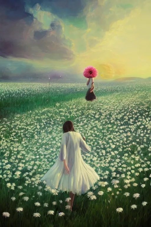 Image similar to veil of giant white daisy flower as head, girl dancing in a flower field, surreal photography, sunrise, dramatic light, impressionist painting, colorful clouds, digital painting, artstation, simon stalenhag