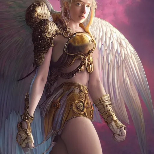 Image similar to portrait of young aasimar angel girl maiden wearing comfy leather armor with beautiful feathered angel wings by Yoshitaka Amano and artgerm and greg rutkowski and alphonse mucha and andrei riabovitchev and Rossdraws and Bluesssatan and Mandy Jurgens and Stjepan Sejic, 4k oil on linen, vivid colors, colorful, photorealistic, high dynamic range, HDR, intricate, elegant, highly detailed, digital painting, artstation, concept art, smooth, sharp focus, illustration, mid-shot, medium shot, hyperdetailed