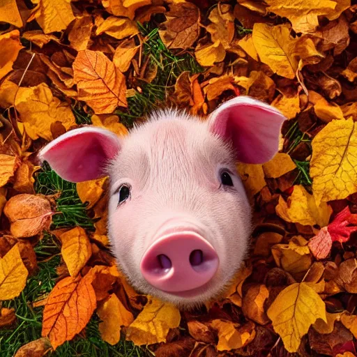 Prompt: cute piglet in a pile of autumn leaves, front facing pixar style