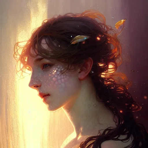 Prompt: Portrait of a girl underwater surrounded by light rays, face, fantasy, intricate, elegant, highly detailed, digital painting, artstation, concept art, smooth, sharp focus, illustration, art by Krenz Cushart and Artem Demura and alphonse mucha