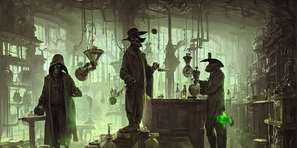 Image similar to a plague doctor and a humanoid rat in a laboratory with lots of flasks filled with magic liquids and green fog, stephen bliss, unreal engine, fantasy art by greg rutkowski, loish, rhads, ferdinand knab, ilya kuvshinov, rossdraws, tom bagshaw, global illumination, radiant soft light, detailed and intricate environment