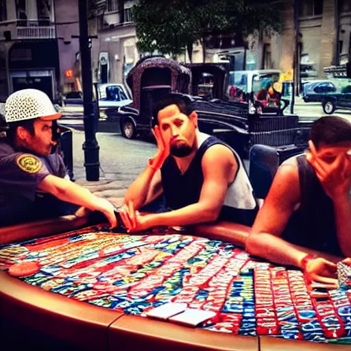 Image similar to with my homies playin street gambling, extremely human detailed, brutal human detailed!!!, hdr human detailed, photo hyper realistic, the best photograph of august, pinterest render, vogue render