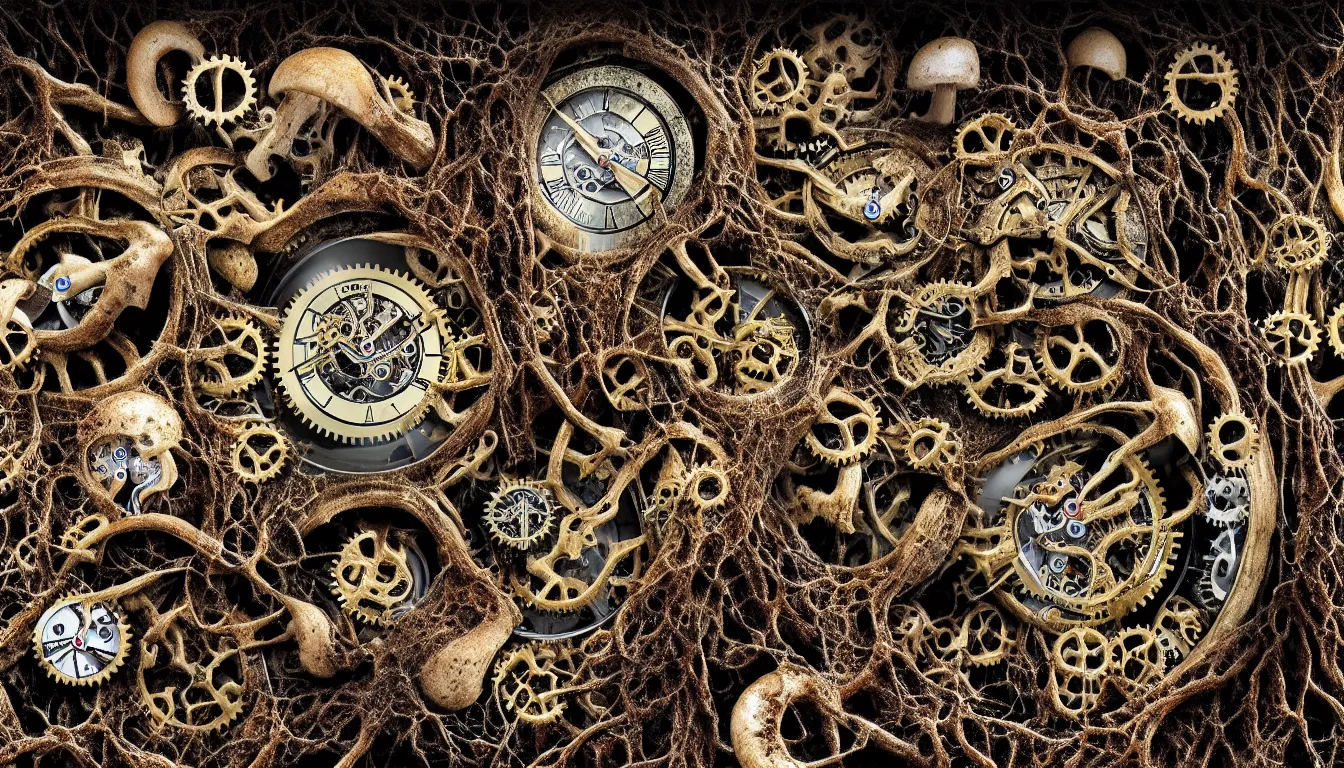 Prompt: detailed view from inside wet ink a clockwork watch bone landscape, entangled roots covered in mushrooms, cracked earth, growing living spore microorganisms, decaying skeletons, rusty, hyper realistic photo, full colour, upscale, 8 k