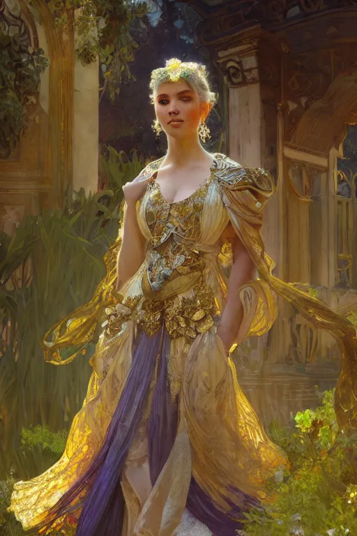 Image similar to portrait of a girl emperorit is decorated with long robes that fall like golden stars, an ostentatious palace and garden are seen in the background. by jeremy mann and alphonse mucha, fantasy art, photo realistic, dynamic lighting, artstation, poster, volumetric lighting, very detailed faces, 4 k, award winning