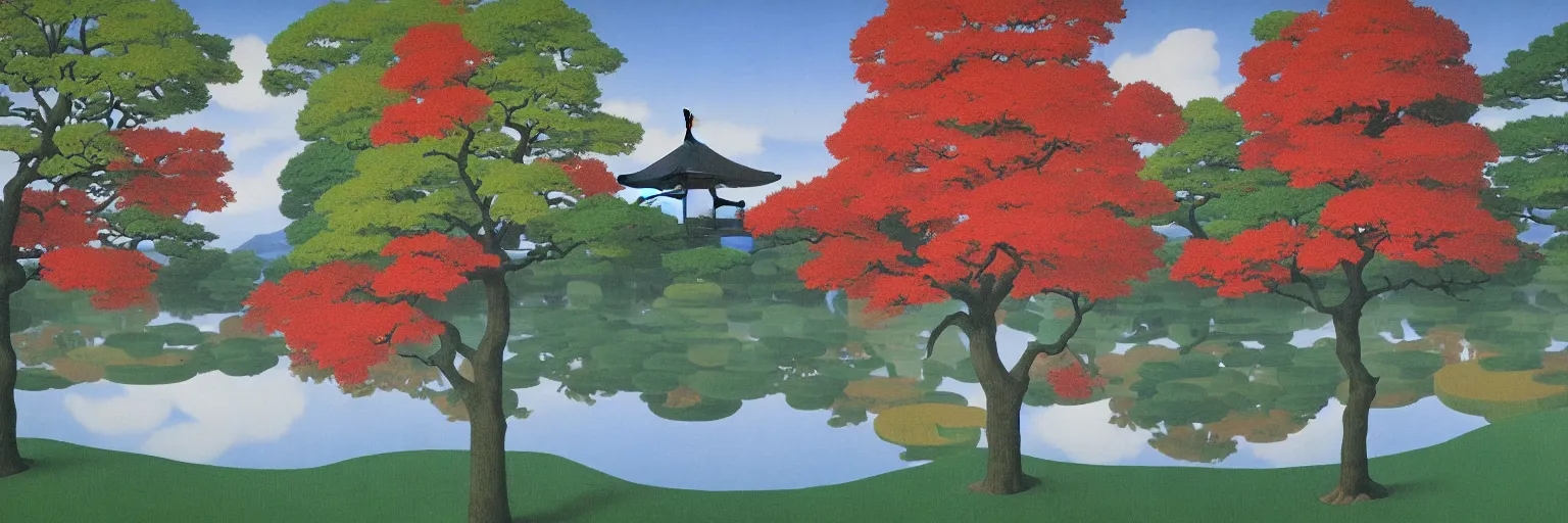 Prompt: japanese garden painting magritte