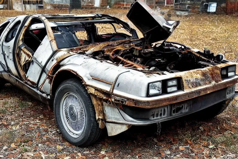 Image similar to rusty, decayed, damaged 1 9 2 2 delorean