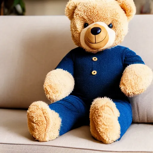 Image similar to a teddy bear wearing business casual clothes sitting on a couch, creepy 4 k photo