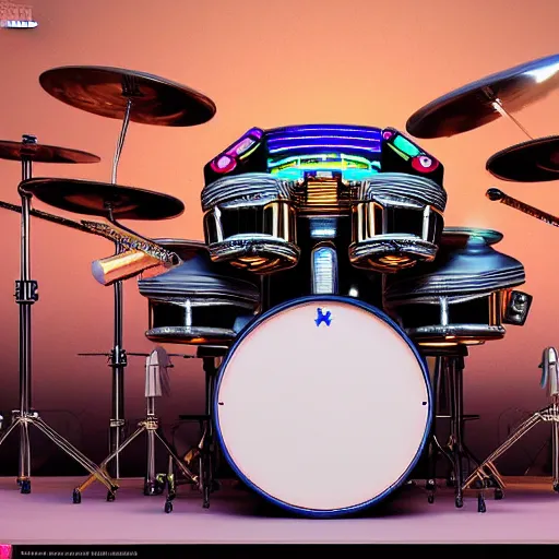 Prompt: huge robotic drumset on a stage with a golden shiny electric guitar amp, the drumset is futuristic steampunk style with gears and tubes, 8 k, fluorescent colors, halluzinogenic, multicolored, exaggerated detailed, unreal engine - h 7 6 8