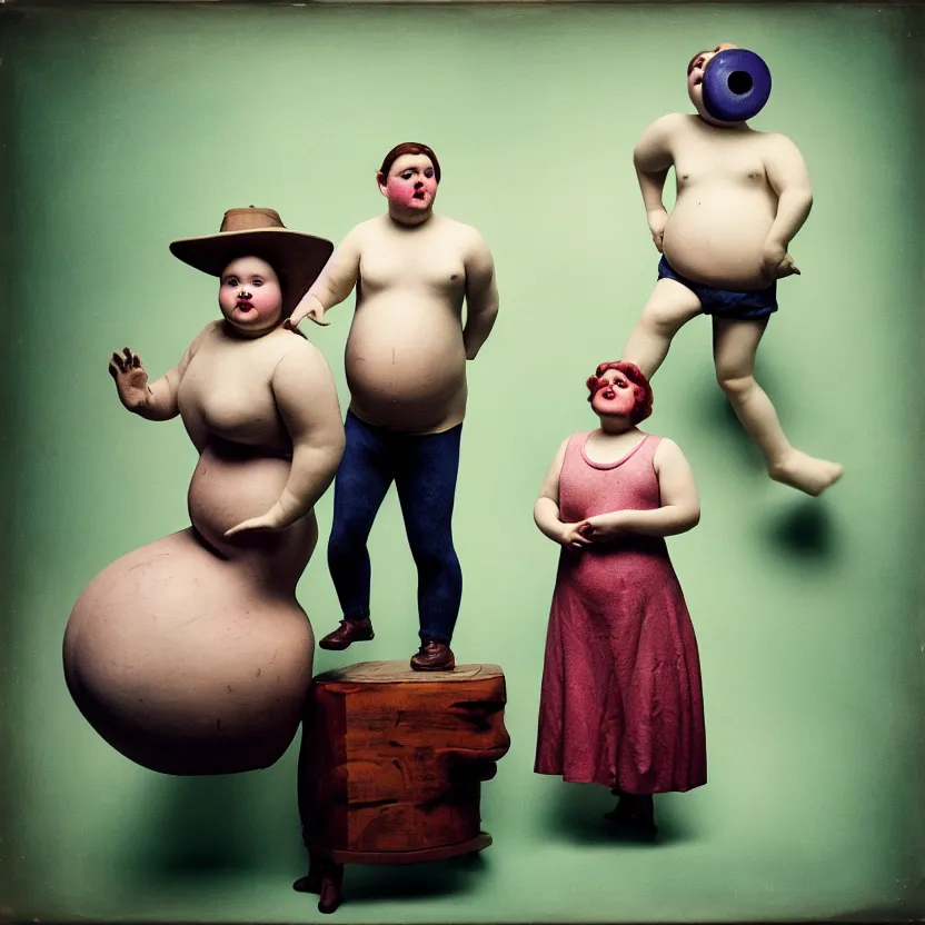 Prompt: kodak portra 4 0 0, wetplate, muted colours, blueberry, 1 9 3 0 s style, award winning portrait of wooden skulptur of cute fat girl & skinny!!! guy in a vernissage, haze, motion blur, in the style of britt marling and by georges melies