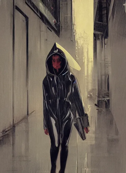 Prompt: a realistic portrait of a beautiful woman wearing a plastic hoodie in a dystopian city, raining by syd mead