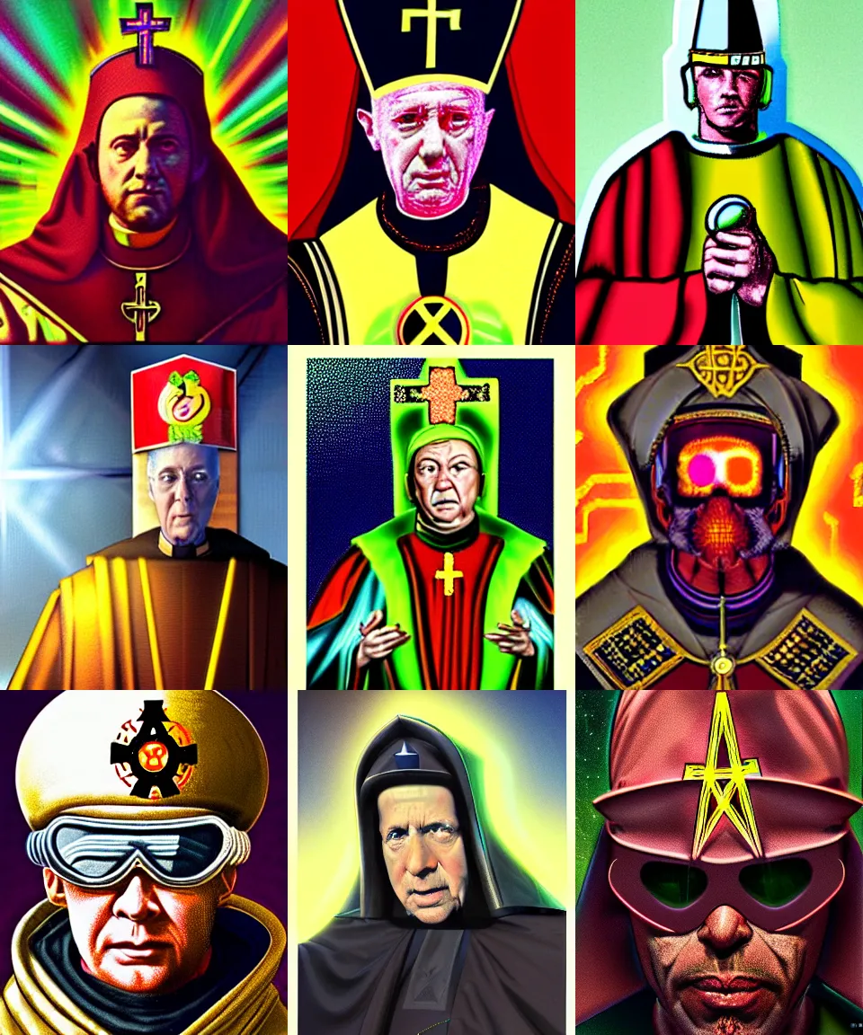 Prompt: official portrait of a radioactive archbishop, hyper realistic, wearing a mitre with the nuclear symbol and emitting gamma rays, classic painting. cyberpunk, artstation