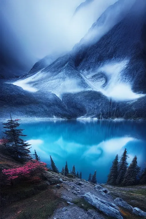 Image similar to a beautiful ethereal mountain scene with a blue lake by daniel kordan, photo realism, dark moody color palate,