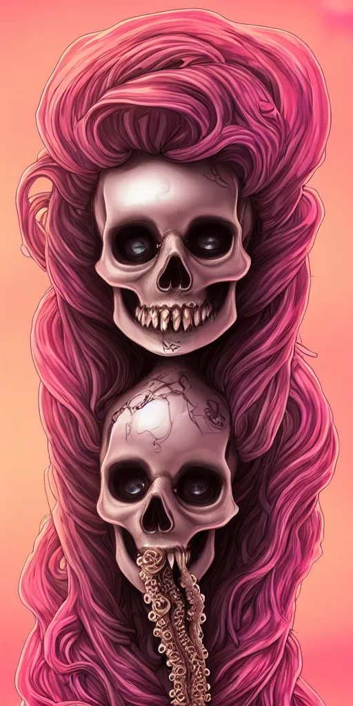 Prompt: a woman skull of death with hair in tentacle, her eyes are lenses by Moebius, chromatic aberration, hyper detailled, trending on artstation