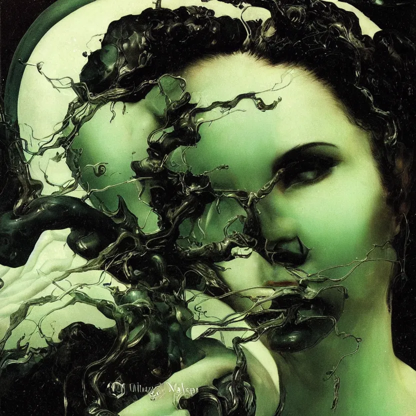 Image similar to a dark baroque close - up portrait of a green and black porcelain being made out of white liquid sci - fi vitrified translucent ceramic marble ; china. reflective detailed textures. gloomy black background. highly detailed fantasy science fiction painting by moebius, norman rockwell, frank frazetta, and syd mead. rich colors, high contrast. artstation