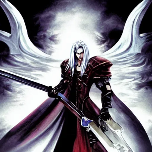 Prompt: “cover art of Sephiroth as a lord vampire in the Konami Castlevania game series”