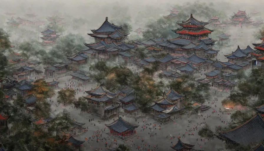 Image similar to magnificent city in ancient china in late spring, flowers will fade, some fog, realistic style, high details, scene concept., trending on artstation