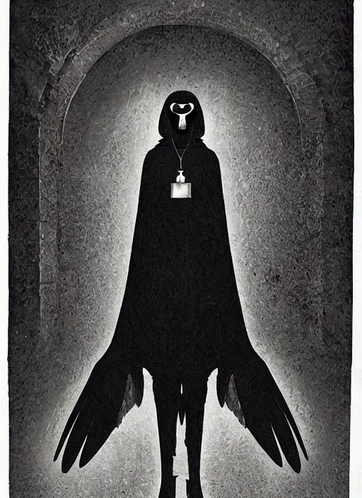 Image similar to portrait of a raven in a vantablack cloak and holding a symbolic weapon. portrait hung up in a windows 9 8 castle. r / oldschoolfantasy