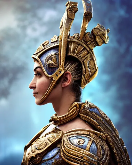 Prompt: photorealistic head and shoulders photo of beautiful female ornate fantasy greek spartan warrior goddess, confident, Neil Blevins, Frank frazetta, arney freytag, Ritu Kumar, Sabyasachi Mukherjee, Annie Leibowitz, Magic the gathering,octane, bokeh, 8k, fashion pose, cinematic, 28mm