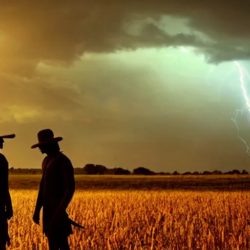 Image similar to cinematic still of silhouettes of two men fighting in ancient clothing, farm field background, red hues, lightning, directed by Russell Mulcahy