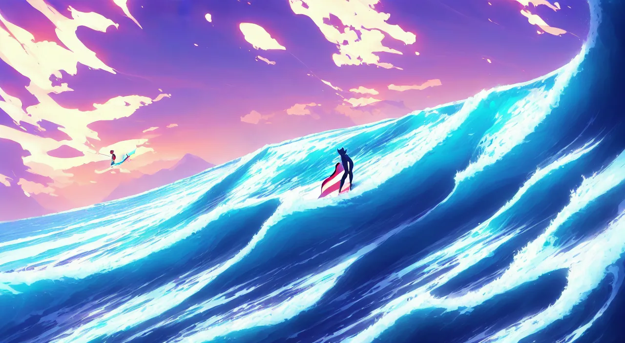 Image similar to large beautiful surfing waves, in marble incrusted of legends official fanart behance hd by jesper ejsing, by rhads, makoto shinkai and lois van baarle, ilya kuvshinov, rossdraws global illumination