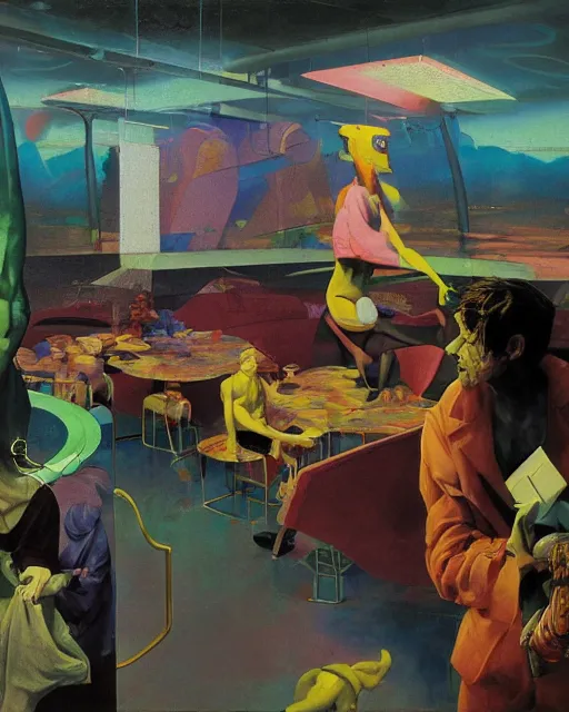 Image similar to strange creature conversing with cube shaped people at a gas station with large oxygen tank in the style of Francis Bacon and Syd Mead and Norman Rockwell and Beksinski, open ceiling, highly detailed, painted by Francis Bacon and Edward Hopper, painted by James Gilleard, surrealism, airbrush, very coherent, triadic color scheme, art by Takato Yamamoto and James Jean