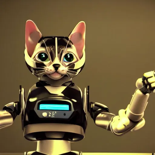 Image similar to a 3 d rendered movie of a cute robot kitten with whiskers. the robot has rgb lighting implants. in the background is a cat tree ( cyberpunk ) for robots. dramatic lighting. science fiction outer space fantasy blockbuster movie, imax 7 0 mm. octane 3 d render, style of mandalorian ( american space western television series ) but about robots, polka dancing contest.