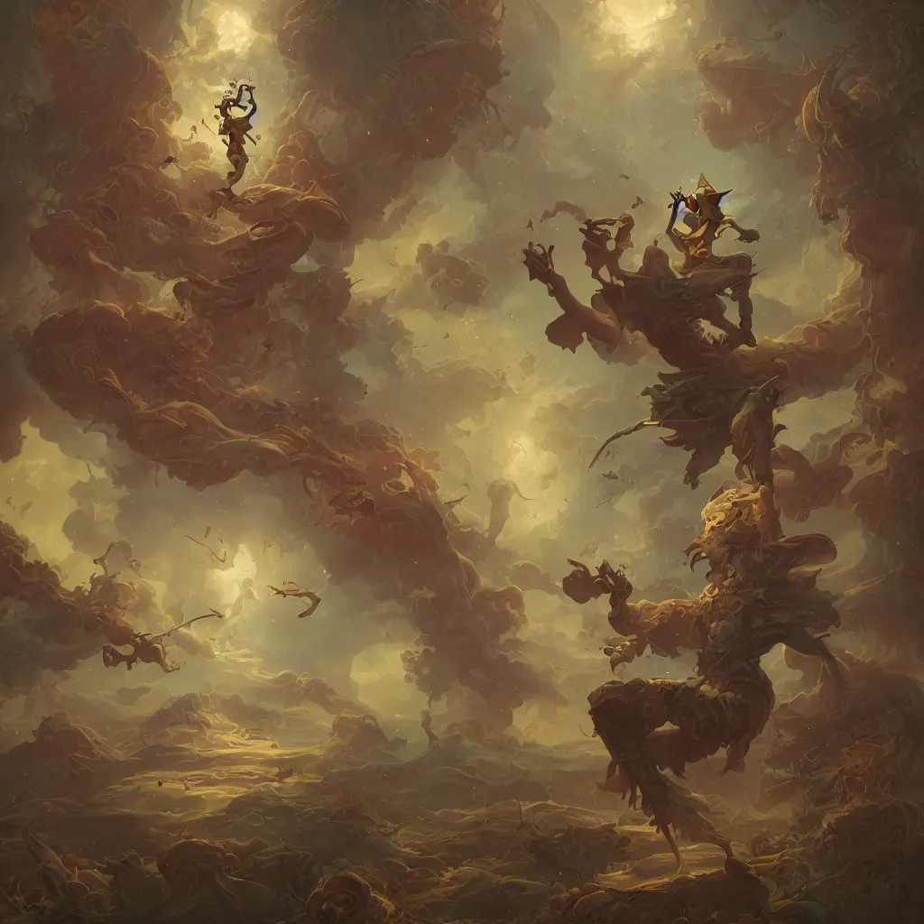 Image similar to tarot the fool by peter mohrbacher and dan mumford and nekro, cgsociety, volumetric light, 3 d render