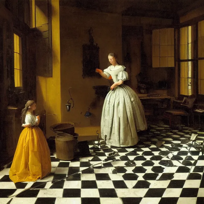 Prompt: colored painting, pieter de hooch, trending on artstation, highly detailed, black and white checkerboard floor in the middle of the rainforest, intricate, elegant