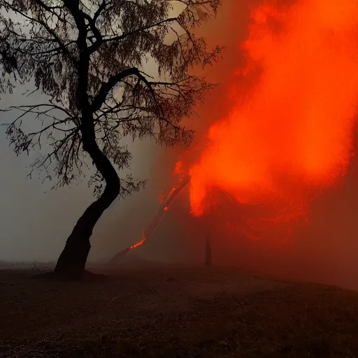 Image similar to photo of a tree with fire surrounding, scary, grey fog, dark sky