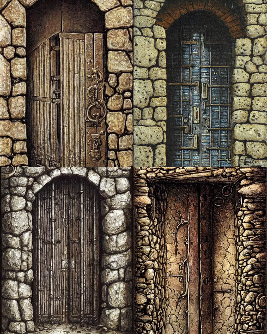 Prompt: Old metal door in a dungeon, rocks and metal, jeff easley,